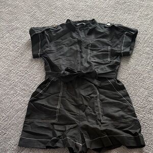 Black Short Sleeve Utility Romper with Contrast Stitching